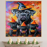 Cane Corso Dog Halloween Canvas Wall Art with Witch Hat and Pumpkin Rustic Fall Farmhouse Accent for Cozy Autumn Homes on Ready to Hang 1.5" Thick Canvas Wrap, Floating Framed Canvas, Flat Rolled Canvas
